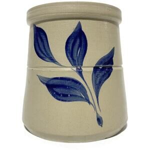 Williamsburg Pottery Crock Vase 4.5” Salt Glazed Stoneware Cobalt Blue Leaf